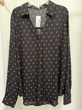Maurices Black Button-Down Shirt with Rust Polka Dots